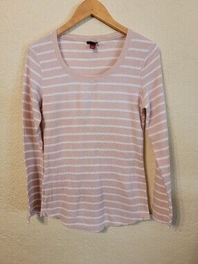 Merona Peach & White Striped Waffle Knit Thermal Long Sleeve Top Sz M